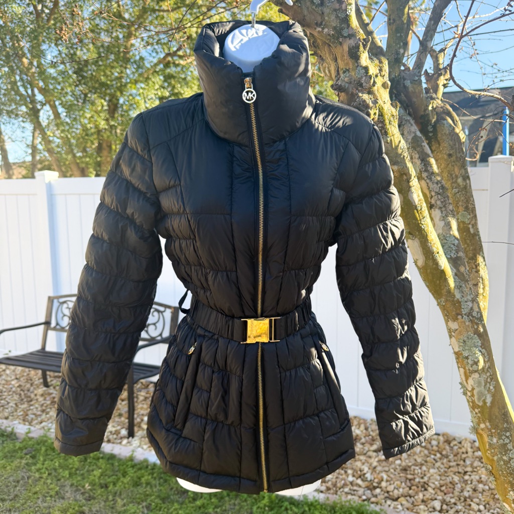 Michael Kors Black Belted Puffer Jacket Gold Hardware